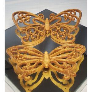 Vintage MCM Homco Butterfly Plastic Gold Wall Plaques Art Decor - Set of 2